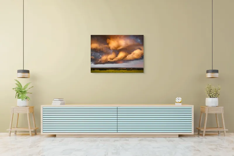 Tablou Canvas, "Apus de soare printre nori amenințători", Nor, Apus, Vânt, Câmp, Cer, Lumină, Dramatic, Natură, Peisaj, 100 x 70 cm – poza 4