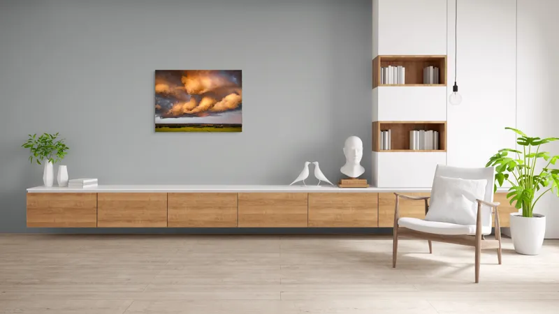Tablou Canvas, "Apus de soare printre nori amenințători", Nor, Apus, Vânt, Câmp, Cer, Lumină, Dramatic, Natură, Peisaj, 100 x 70 cm – poza 6