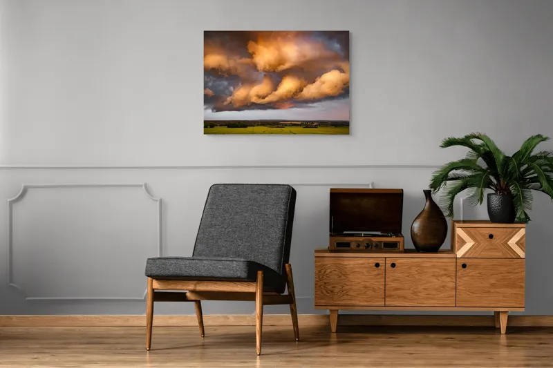 Tablou Canvas, "Apus de soare printre nori amenințători", Nor, Apus, Vânt, Câmp, Cer, Lumină, Dramatic, Natură, Peisaj, 100 x 70 cm – poza 8