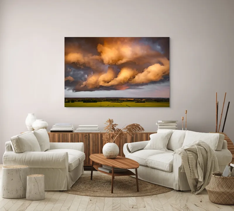 Tablou Canvas, "Apus de soare printre nori amenințători", Nor, Apus, Vânt, Câmp, Cer, Lumină, Dramatic, Natură, Peisaj, 150 x 100 cm – poza 3