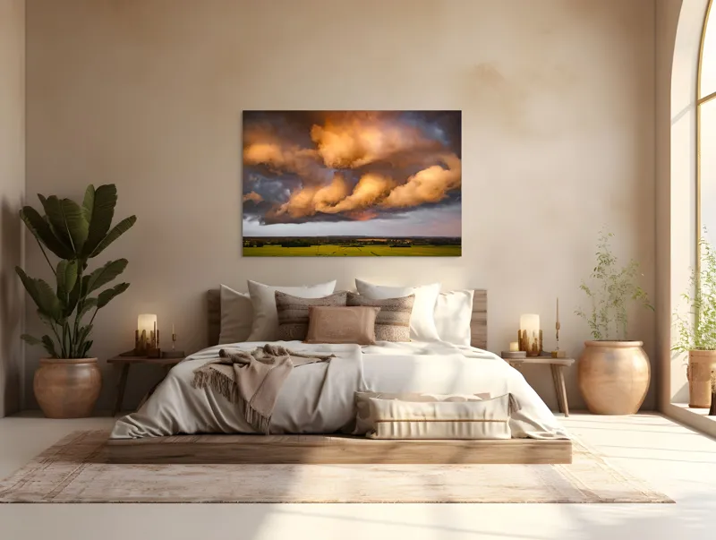 Tablou Canvas, "Apus de soare printre nori amenințători", Nor, Apus, Vânt, Câmp, Cer, Lumină, Dramatic, Natură, Peisaj, 150 x 100 cm – poza 4