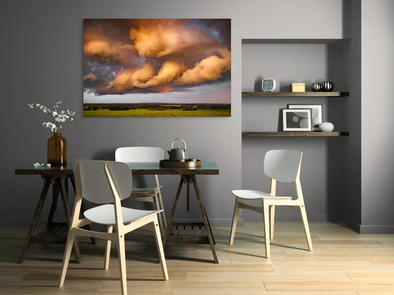 Tablou Canvas, "Apus de soare printre nori amenințători", Nor, Apus, Vânt, Câmp, Cer, Lumină, Dramatic, Natură, Peisaj, 150 x 100 cm – poza 5