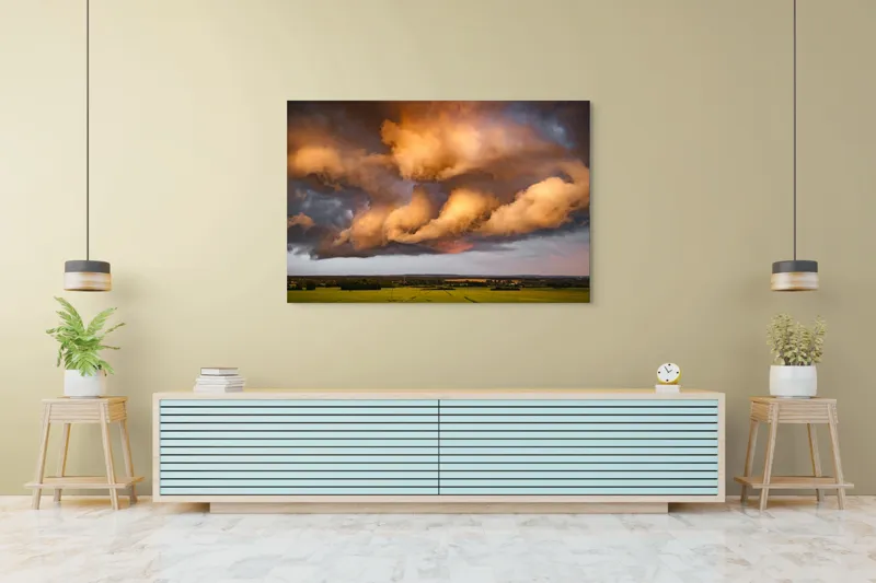 Tablou Canvas, "Apus de soare printre nori amenințători", Nor, Apus, Vânt, Câmp, Cer, Lumină, Dramatic, Natură, Peisaj, 150 x 100 cm – poza 6