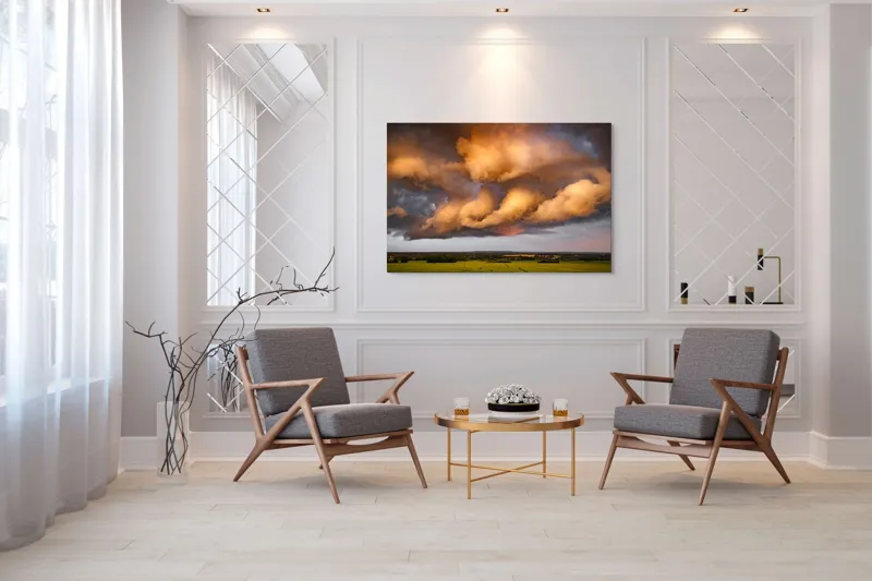 Tablou Canvas, "Apus de soare printre nori amenințători", Nor, Apus, Vânt, Câmp, Cer, Lumină, Dramatic, Natură, Peisaj, 150 x 100 cm – poza 7
