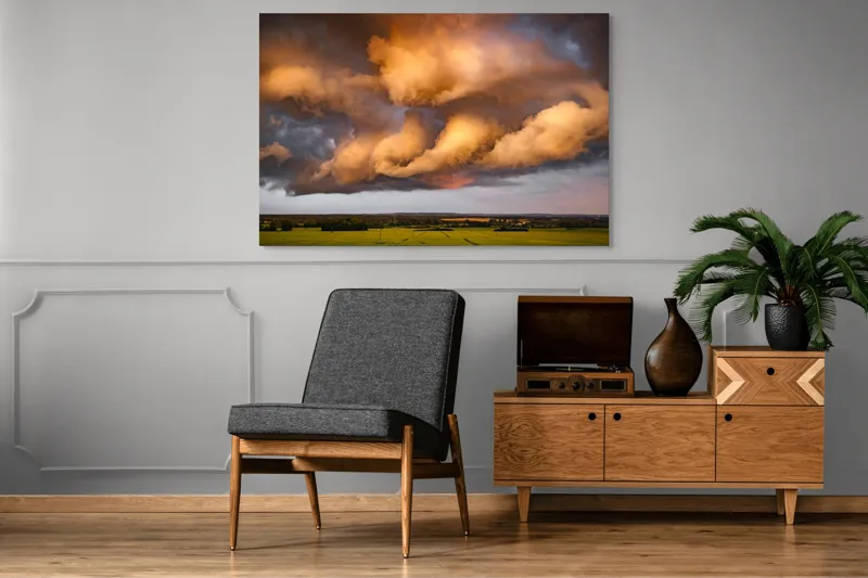 Tablou Canvas, "Apus de soare printre nori amenințători", Nor, Apus, Vânt, Câmp, Cer, Lumină, Dramatic, Natură, Peisaj, 150 x 100 cm – poza 8