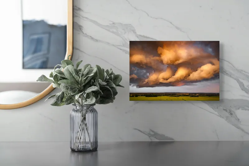 Tablou Canvas, "Apus de soare printre nori amenințători", Nor, Apus, Vânt, Câmp, Cer, Lumină, Dramatic, Natură, Peisaj, 39 x 26 cm – poza 5