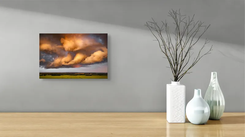 Tablou Canvas, "Apus de soare printre nori amenințători", Nor, Apus, Vânt, Câmp, Cer, Lumină, Dramatic, Natură, Peisaj, 39 x 26 cm – poza 8