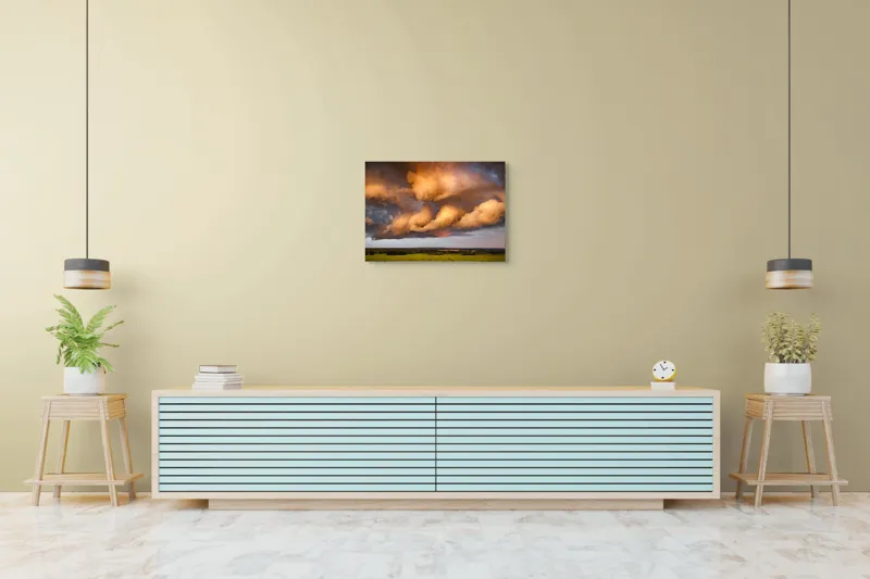 Tablou Canvas, "Apus de soare printre nori amenințători", Nor, Apus, Vânt, Câmp, Cer, Lumină, Dramatic, Natură, Peisaj, 70 x 50 cm – poza 7