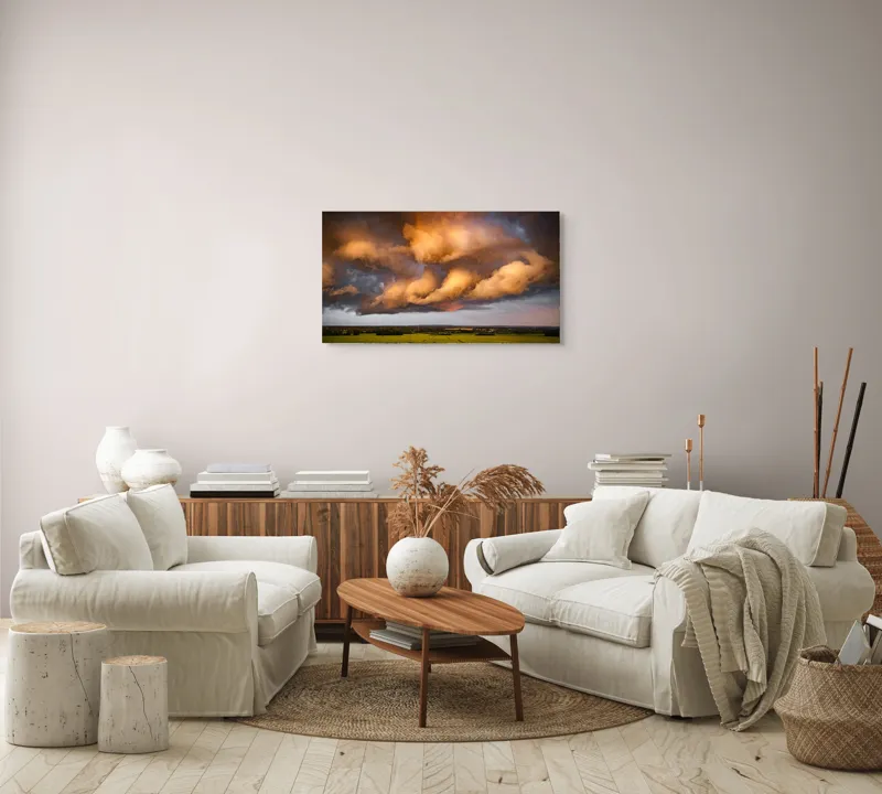Tablou Canvas, "Apus de soare printre nori amenințători", Nor, Apus, Vânt, Câmp, Cer, Lumină, Dramatic, Natură, Peisaj, 90 x 50 cm – poza 4