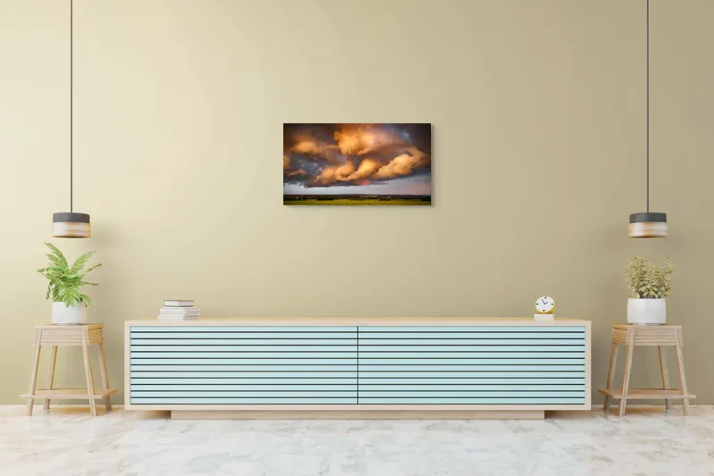 Tablou Canvas, "Apus de soare printre nori amenințători", Nor, Apus, Vânt, Câmp, Cer, Lumină, Dramatic, Natură, Peisaj, 90 x 50 cm – poza 5