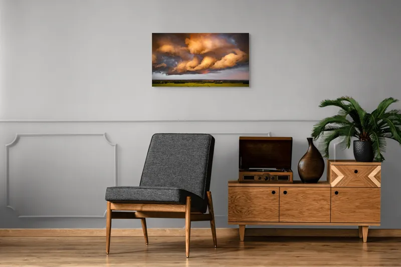Tablou Canvas, "Apus de soare printre nori amenințători", Nor, Apus, Vânt, Câmp, Cer, Lumină, Dramatic, Natură, Peisaj, 90 x 50 cm – poza 6
