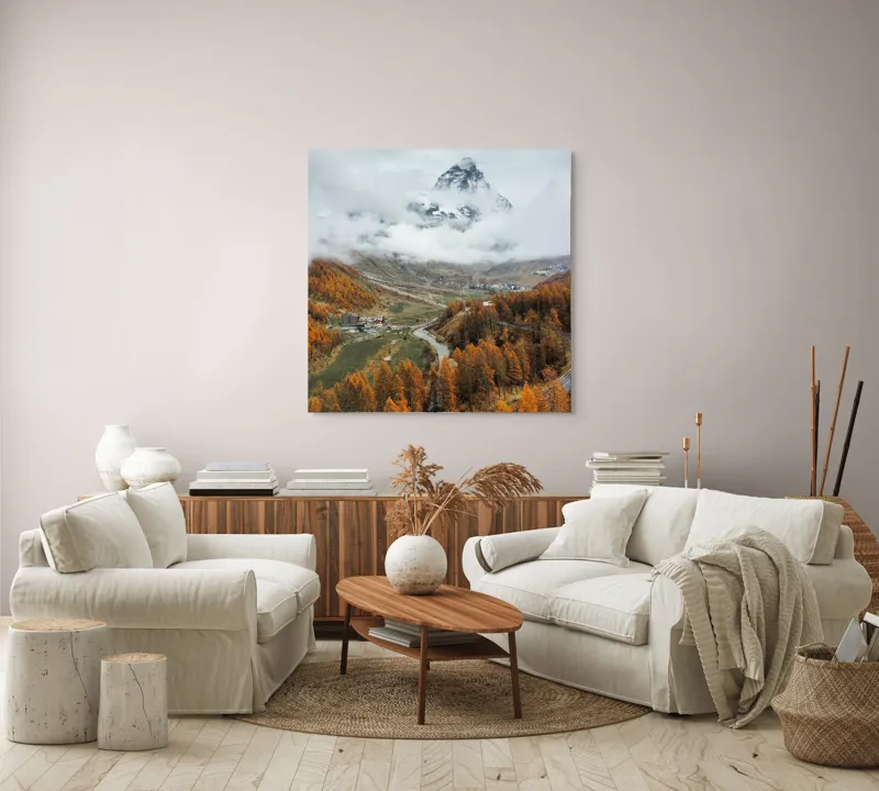 Tablou Canvas, "Culorile toamnei la poalele muntelui", Munte, Nor, Toamnă, Copaci, Peisaj, Drum, Sat, Cer, Vârf, Pădure, 100 x 100 cm – poza 3