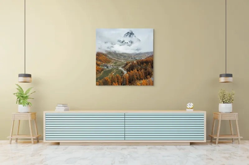 Tablou Canvas, "Culorile toamnei la poalele muntelui", Munte, Nor, Toamnă, Copaci, Peisaj, Drum, Sat, Cer, Vârf, Pădure, 100 x 100 cm – poza 5