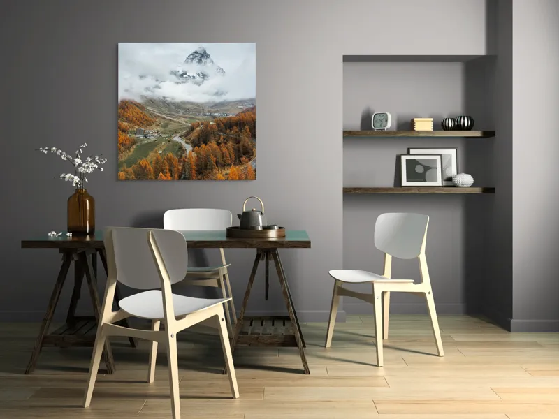 Tablou Canvas, "Culorile toamnei la poalele muntelui", Munte, Nor, Toamnă, Copaci, Peisaj, Drum, Sat, Cer, Vârf, Pădure, 100 x 100 cm – poza 6