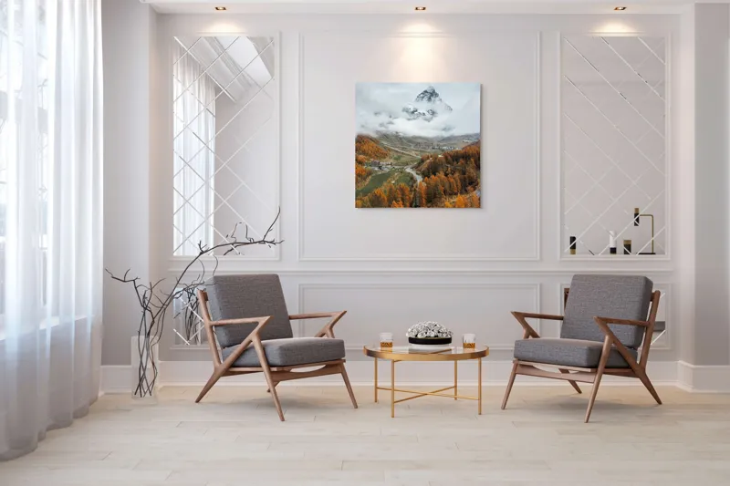 Tablou Canvas, "Culorile toamnei la poalele muntelui", Munte, Nor, Toamnă, Copaci, Peisaj, Drum, Sat, Cer, Vârf, Pădure, 100 x 100 cm – poza 7