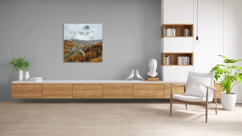 Tablou Canvas, "Culorile toamnei la poalele muntelui", Munte, Nor, Toamnă, Copaci, Peisaj, Drum, Sat, Cer, Vârf, Pădure, 100 x 100 cm – poza 8