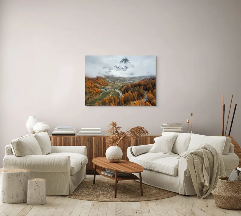 Tablou Canvas, "Culorile toamnei la poalele muntelui", Munte, Nor, Toamnă, Copaci, Peisaj, Drum, Sat, Cer, Vârf, Pădure, 100 x 70 cm – poza 3