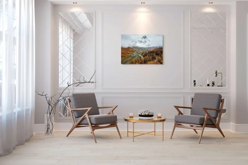 Tablou Canvas, "Culorile toamnei la poalele muntelui", Munte, Nor, Toamnă, Copaci, Peisaj, Drum, Sat, Cer, Vârf, Pădure, 100 x 70 cm – poza 5
