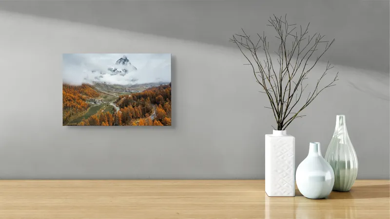Tablou Canvas, "Culorile toamnei la poalele muntelui", Munte, Nor, Toamnă, Copaci, Peisaj, Drum, Sat, Cer, Vârf, Pădure, 39 x 26 cm – poza 8