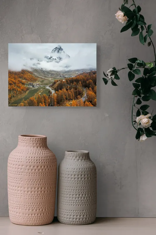 Tablou Canvas, "Culorile toamnei la poalele muntelui", Munte, Nor, Toamnă, Copaci, Peisaj, Drum, Sat, Cer, Vârf, Pădure, 54 x 39 cm – poza 8