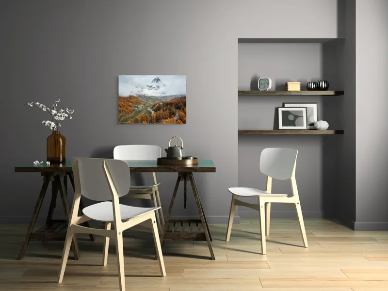 Tablou Canvas, "Culorile toamnei la poalele muntelui", Munte, Nor, Toamnă, Copaci, Peisaj, Drum, Sat, Cer, Vârf, Pădure, 70 x 50 cm – poza 5