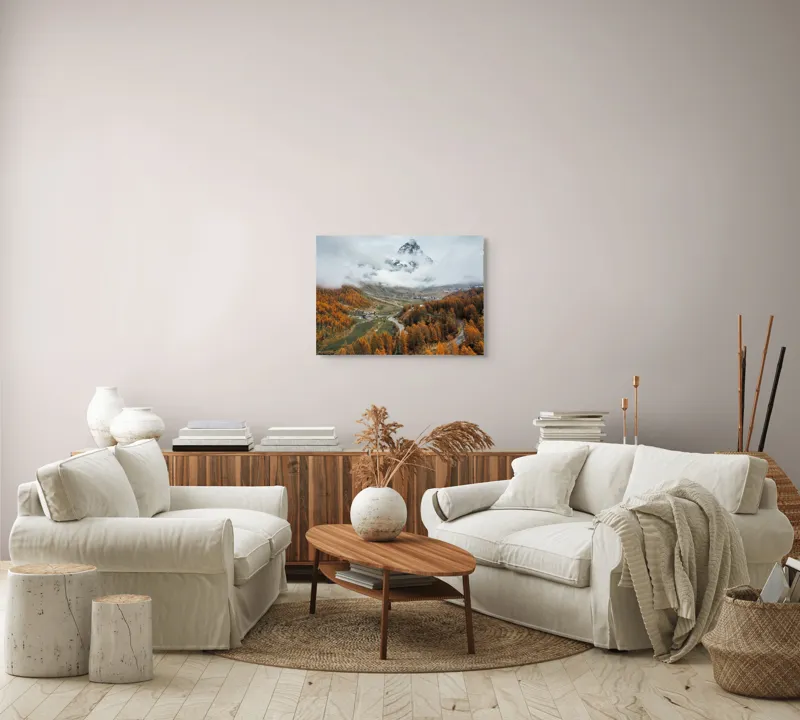 Tablou Canvas, "Culorile toamnei la poalele muntelui", Munte, Nor, Toamnă, Copaci, Peisaj, Drum, Sat, Cer, Vârf, Pădure, 70 x 50 cm – poza 6