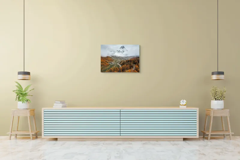 Tablou Canvas, "Culorile toamnei la poalele muntelui", Munte, Nor, Toamnă, Copaci, Peisaj, Drum, Sat, Cer, Vârf, Pădure, 70 x 50 cm – poza 7
