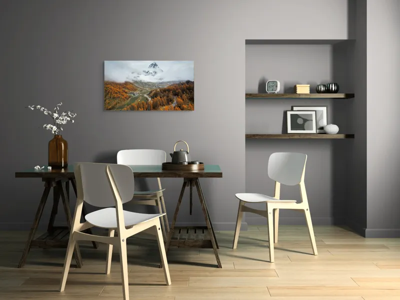 Tablou Canvas, "Culorile toamnei la poalele muntelui", Munte, Nor, Toamnă, Copaci, Peisaj, Drum, Sat, Cer, Vârf, Pădure, 90 x 50 cm – poza 3