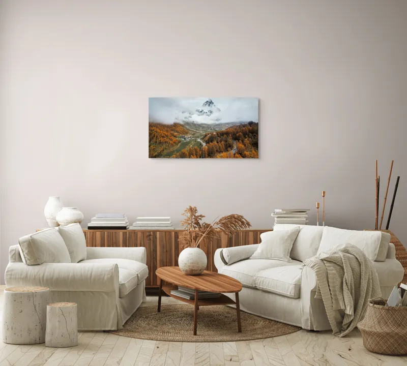 Tablou Canvas, "Culorile toamnei la poalele muntelui", Munte, Nor, Toamnă, Copaci, Peisaj, Drum, Sat, Cer, Vârf, Pădure, 90 x 50 cm – poza 4