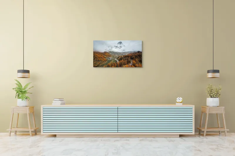 Tablou Canvas, "Culorile toamnei la poalele muntelui", Munte, Nor, Toamnă, Copaci, Peisaj, Drum, Sat, Cer, Vârf, Pădure, 90 x 50 cm – poza 5