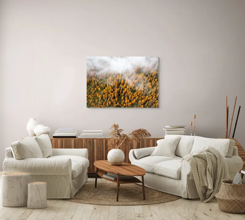 Tablou Canvas, "Pădurea colorată de toamnă în ceață", Copaci, Toamnă, Ceață, Culori, Natură, Pădure, Aurii, 100 x 70 cm – poza 3