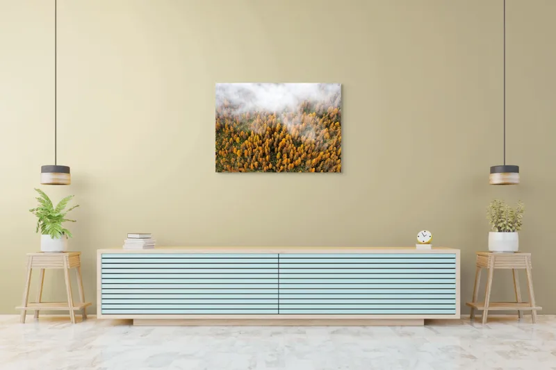 Tablou Canvas, "Pădurea colorată de toamnă în ceață", Copaci, Toamnă, Ceață, Culori, Natură, Pădure, Aurii, 100 x 70 cm – poza 4