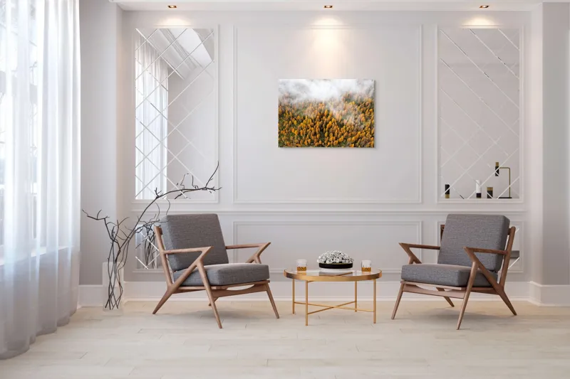 Tablou Canvas, "Pădurea colorată de toamnă în ceață", Copaci, Toamnă, Ceață, Culori, Natură, Pădure, Aurii, 100 x 70 cm – poza 5