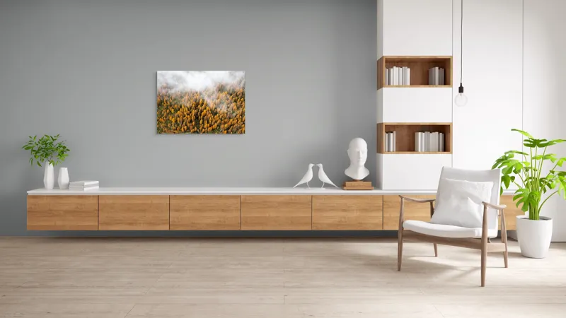 Tablou Canvas, "Pădurea colorată de toamnă în ceață", Copaci, Toamnă, Ceață, Culori, Natură, Pădure, Aurii, 100 x 70 cm – poza 6
