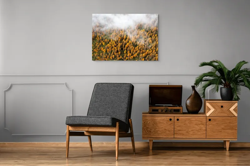 Tablou Canvas, "Pădurea colorată de toamnă în ceață", Copaci, Toamnă, Ceață, Culori, Natură, Pădure, Aurii, 100 x 70 cm – poza 8