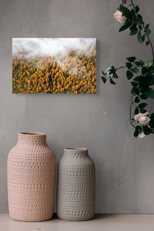 Tablou Canvas, "Pădurea colorată de toamnă în ceață", Copaci, Toamnă, Ceață, Culori, Natură, Pădure, Aurii, 39 x 26 cm – poza 4
