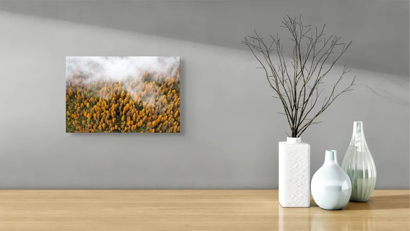 Tablou Canvas, "Pădurea colorată de toamnă în ceață", Copaci, Toamnă, Ceață, Culori, Natură, Pădure, Aurii, 39 x 26 cm – poza 8