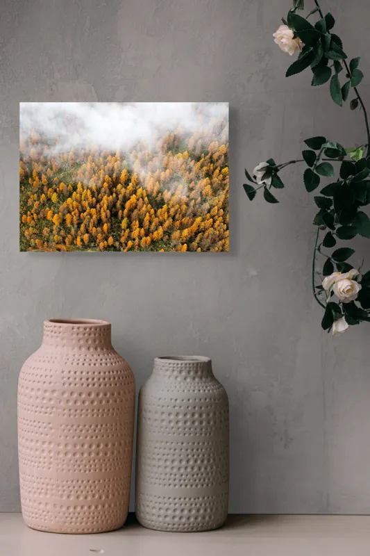 Tablou Canvas, "Pădurea colorată de toamnă în ceață", Copaci, Toamnă, Ceață, Culori, Natură, Pădure, Aurii, 54 x 39 cm – poza 8