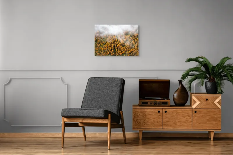 Tablou Canvas, "Pădurea colorată de toamnă în ceață", Copaci, Toamnă, Ceață, Culori, Natură, Pădure, Aurii, 70 x 50 cm – poza 4