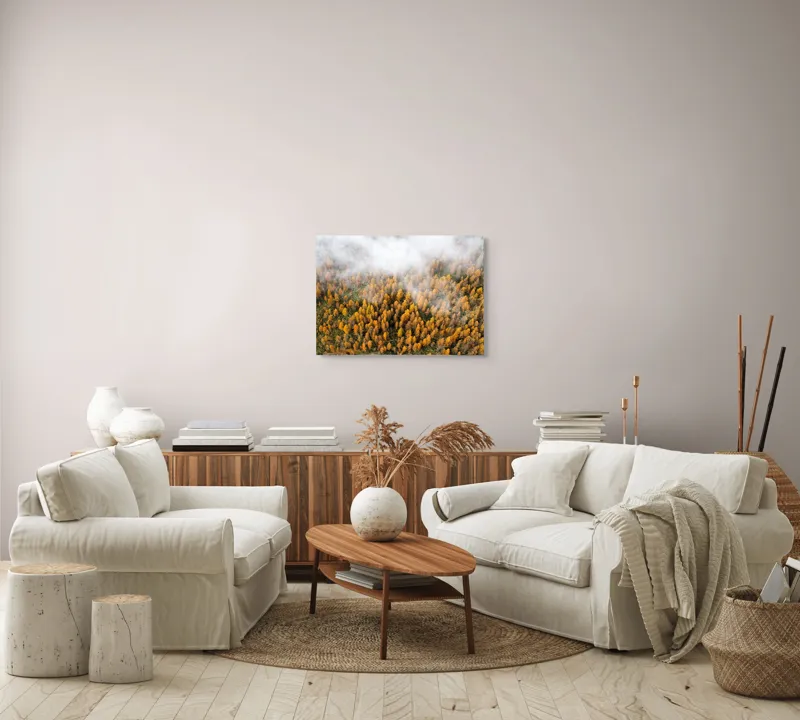 Tablou Canvas, "Pădurea colorată de toamnă în ceață", Copaci, Toamnă, Ceață, Culori, Natură, Pădure, Aurii, 70 x 50 cm – poza 6