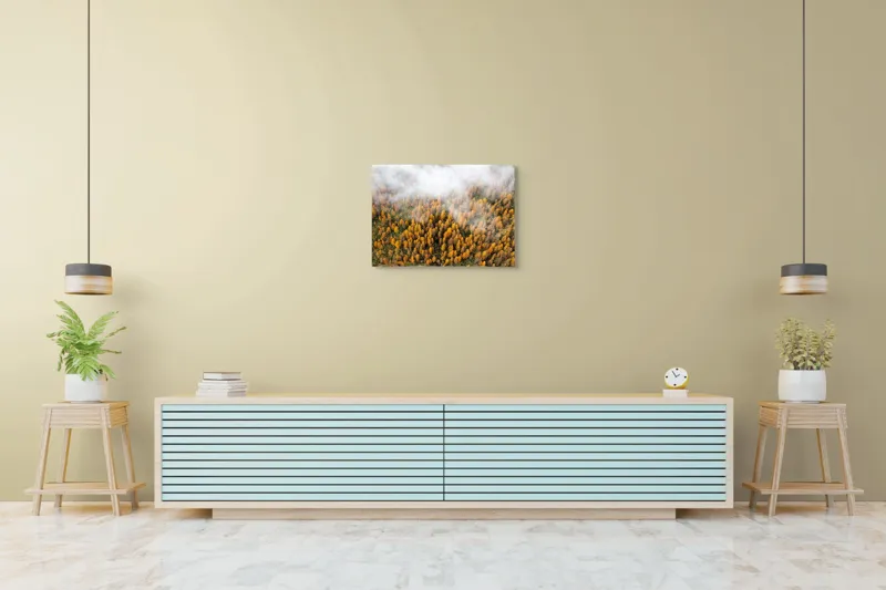 Tablou Canvas, "Pădurea colorată de toamnă în ceață", Copaci, Toamnă, Ceață, Culori, Natură, Pădure, Aurii, 70 x 50 cm – poza 7