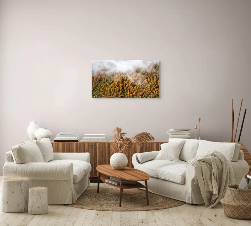 Tablou Canvas, "Pădurea colorată de toamnă în ceață", Copaci, Toamnă, Ceață, Culori, Natură, Pădure, Aurii, 90 x 50 cm – poza 4