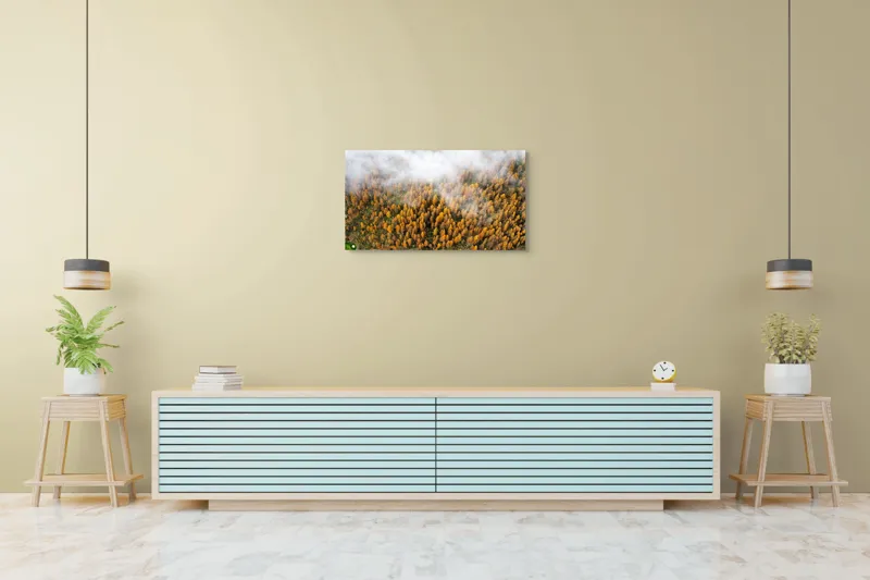 Tablou Canvas, "Pădurea colorată de toamnă în ceață", Copaci, Toamnă, Ceață, Culori, Natură, Pădure, Aurii, 90 x 50 cm – poza 5