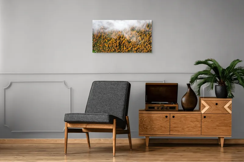 Tablou Canvas, "Pădurea colorată de toamnă în ceață", Copaci, Toamnă, Ceață, Culori, Natură, Pădure, Aurii, 90 x 50 cm – poza 6