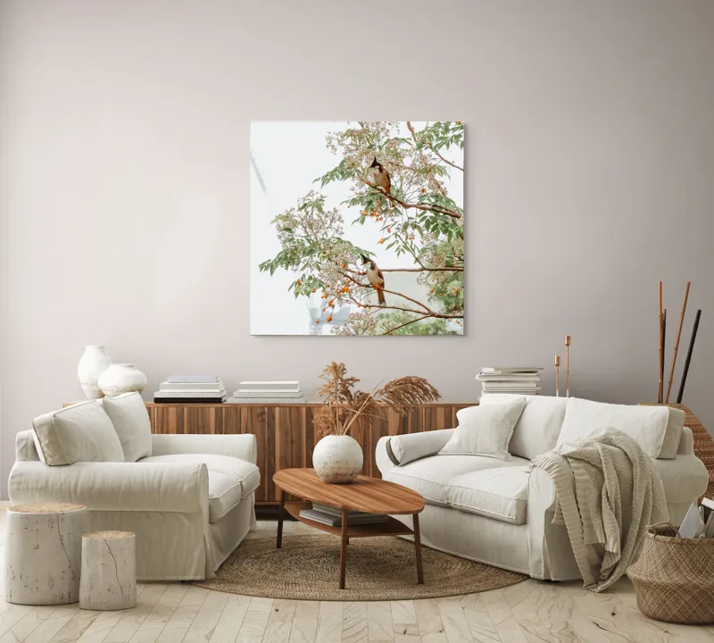 Tablou Canvas, "Doi păsări odihnindu-se în copac", Păsări, Ramuri, Frunze, Fructe, Ceață, Natură, Echilibru, Delicatețe, Serenitate, Arbori, 100 x 100 cm – poza 3
