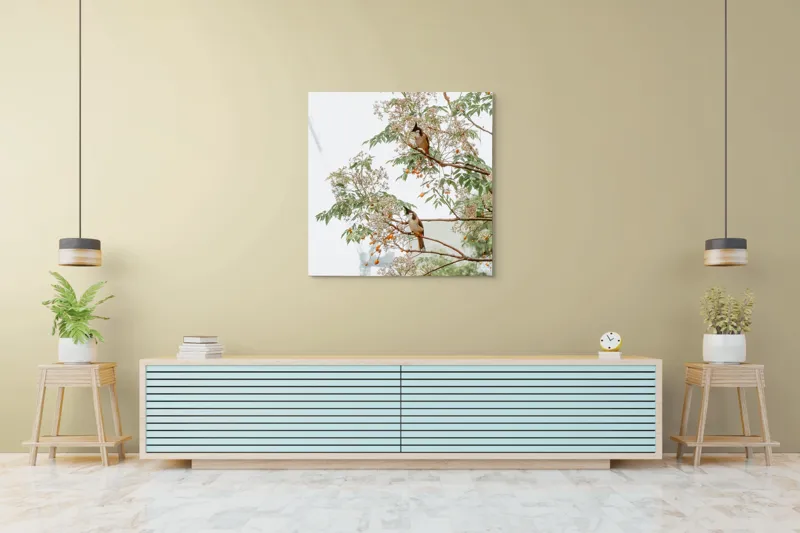 Tablou Canvas, "Doi păsări odihnindu-se în copac", Păsări, Ramuri, Frunze, Fructe, Ceață, Natură, Echilibru, Delicatețe, Serenitate, Arbori, 100 x 100 cm – poza 5