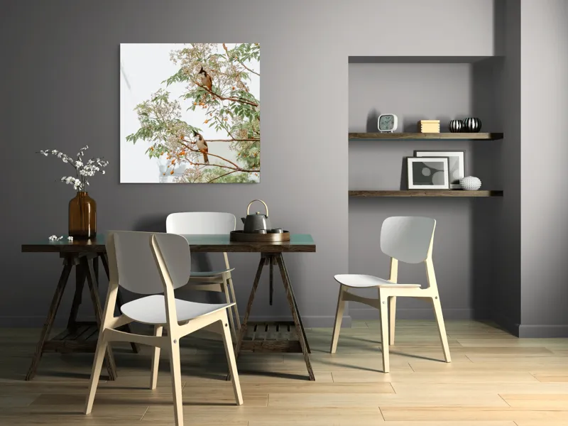 Tablou Canvas, "Doi păsări odihnindu-se în copac", Păsări, Ramuri, Frunze, Fructe, Ceață, Natură, Echilibru, Delicatețe, Serenitate, Arbori, 100 x 100 cm – poza 6