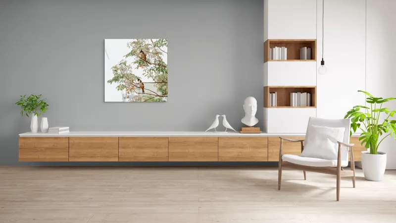 Tablou Canvas, "Doi păsări odihnindu-se în copac", Păsări, Ramuri, Frunze, Fructe, Ceață, Natură, Echilibru, Delicatețe, Serenitate, Arbori, 100 x 100 cm – poza 8