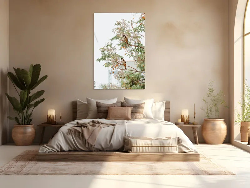 Tablou Canvas, "Doi păsări odihnindu-se în copac", Păsări, Ramuri, Frunze, Fructe, Ceață, Natură, Echilibru, Delicatețe, Serenitate, Arbori, 100 x 150 cm – poza 3