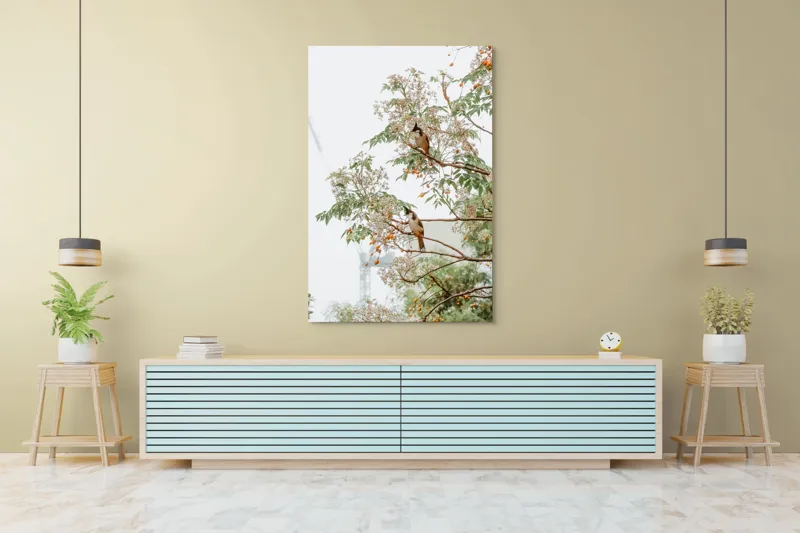 Tablou Canvas, "Doi păsări odihnindu-se în copac", Păsări, Ramuri, Frunze, Fructe, Ceață, Natură, Echilibru, Delicatețe, Serenitate, Arbori, 100 x 150 cm – poza 4